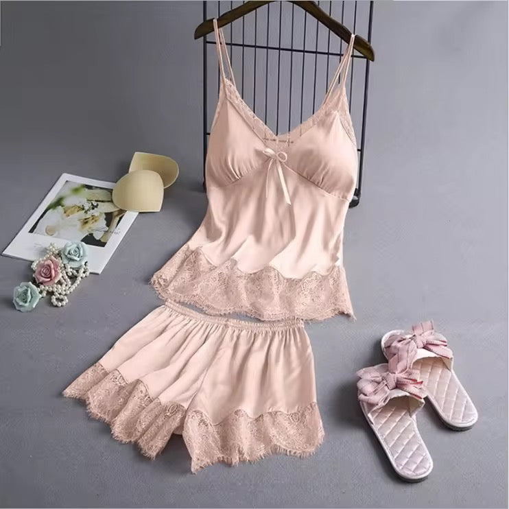 Ice lace Satin Silk 2PCS shorts set