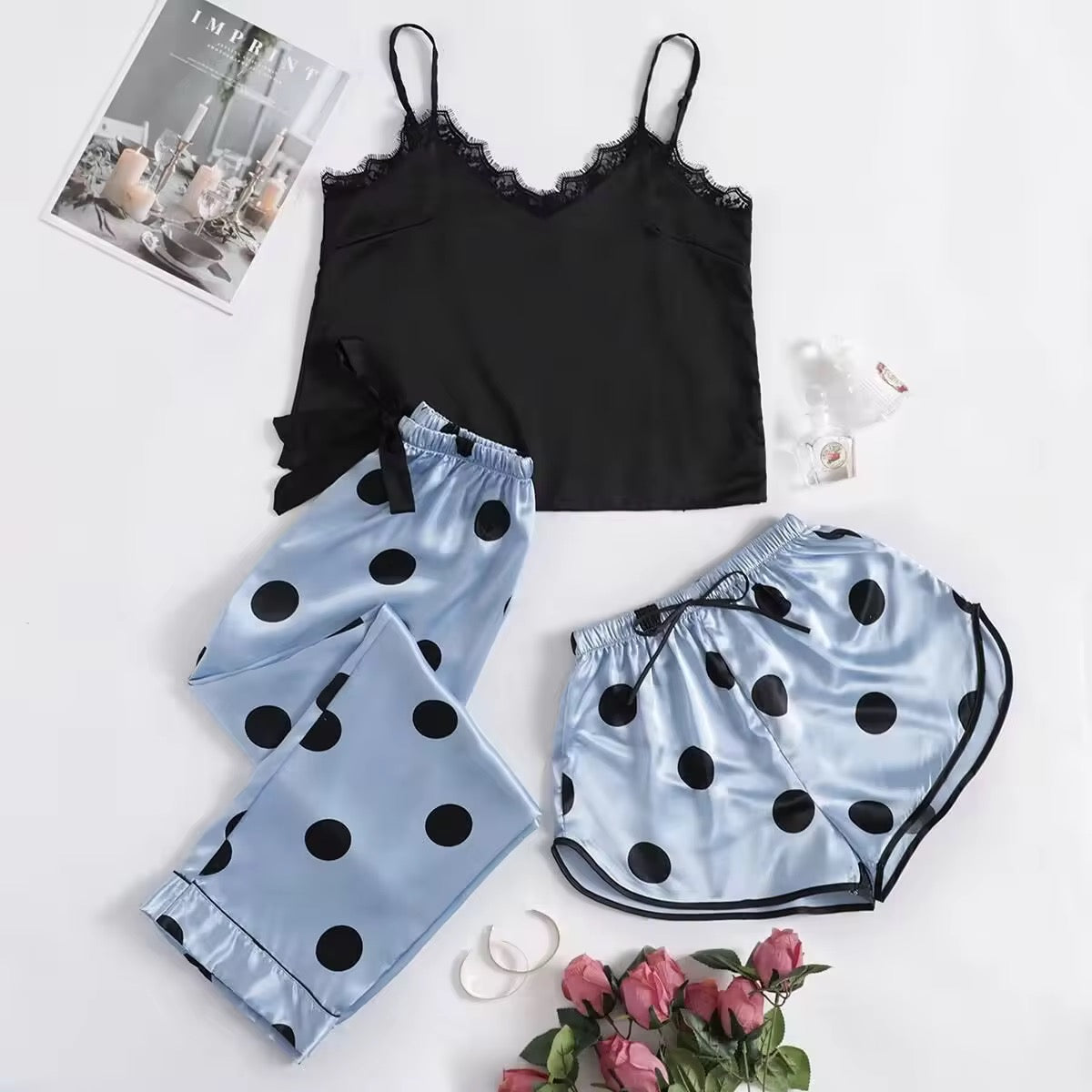 (Ramadan Sale)Polka dots Satin silk 3Pcs Nighty