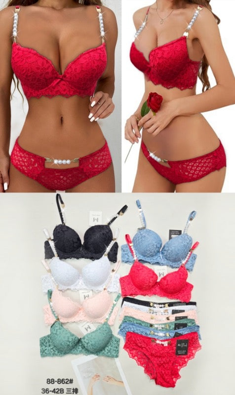 (Ramadan Sale ) Victoria Secret Pushup Mesh Bra Underwear Set with Pearl Straps