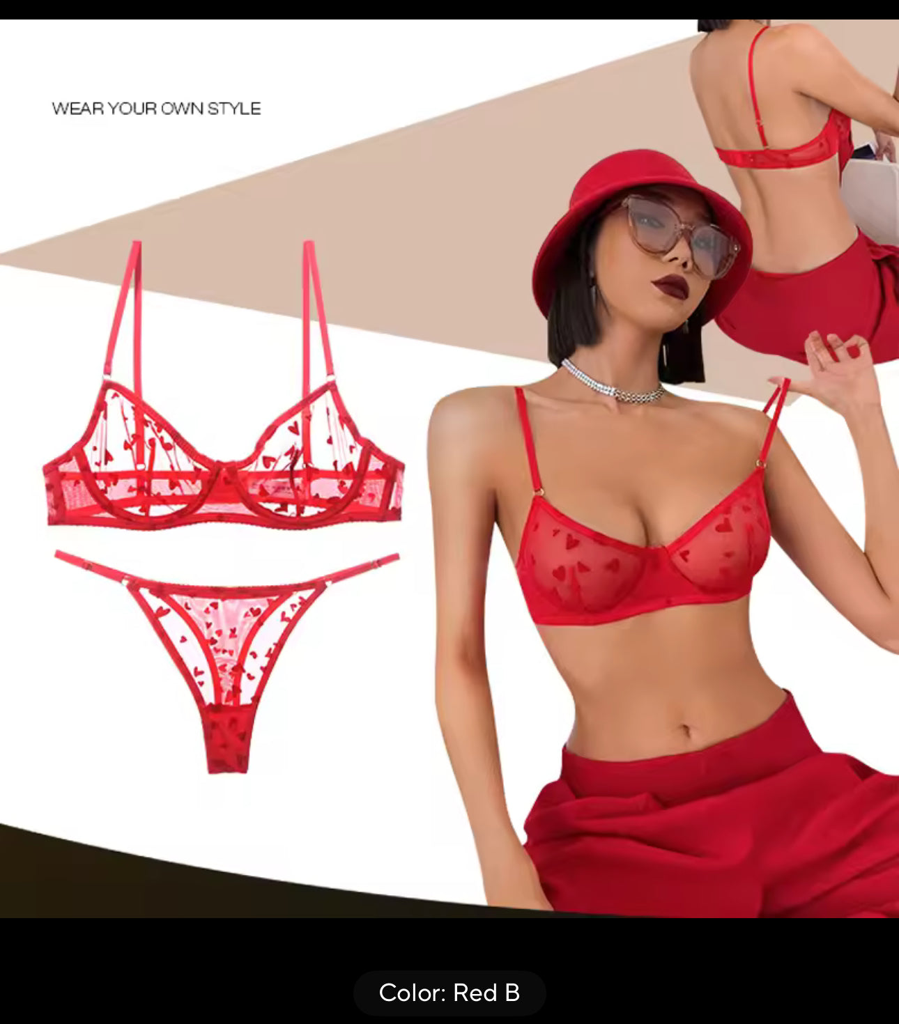 Net See Through Heart print Wire Bra set