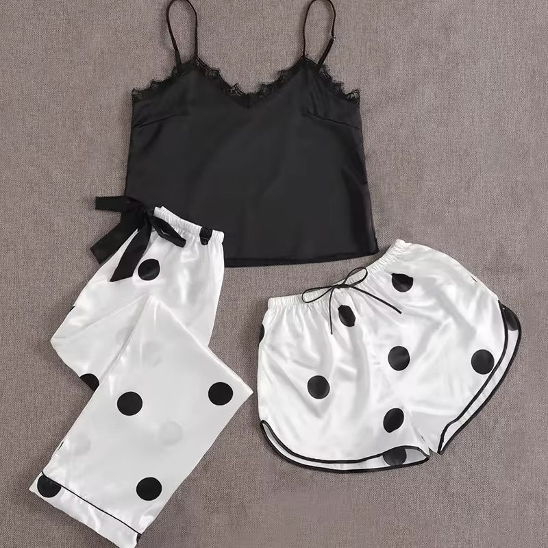 (Ramadan Sale)Polka dots Satin silk 3Pcs Nighty