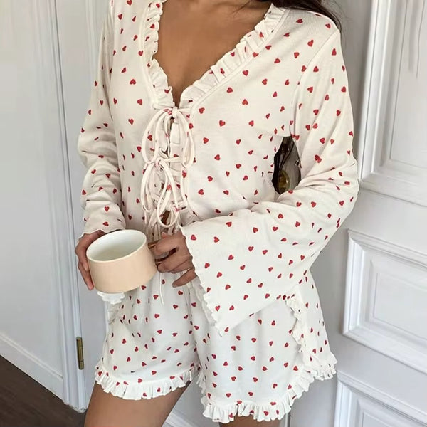 Ruffle Long Sleeved Shirt Shorts Ribbed Pajama Set Knit V Neck Pj 2 Pieces Heart Print Loungewear Woman