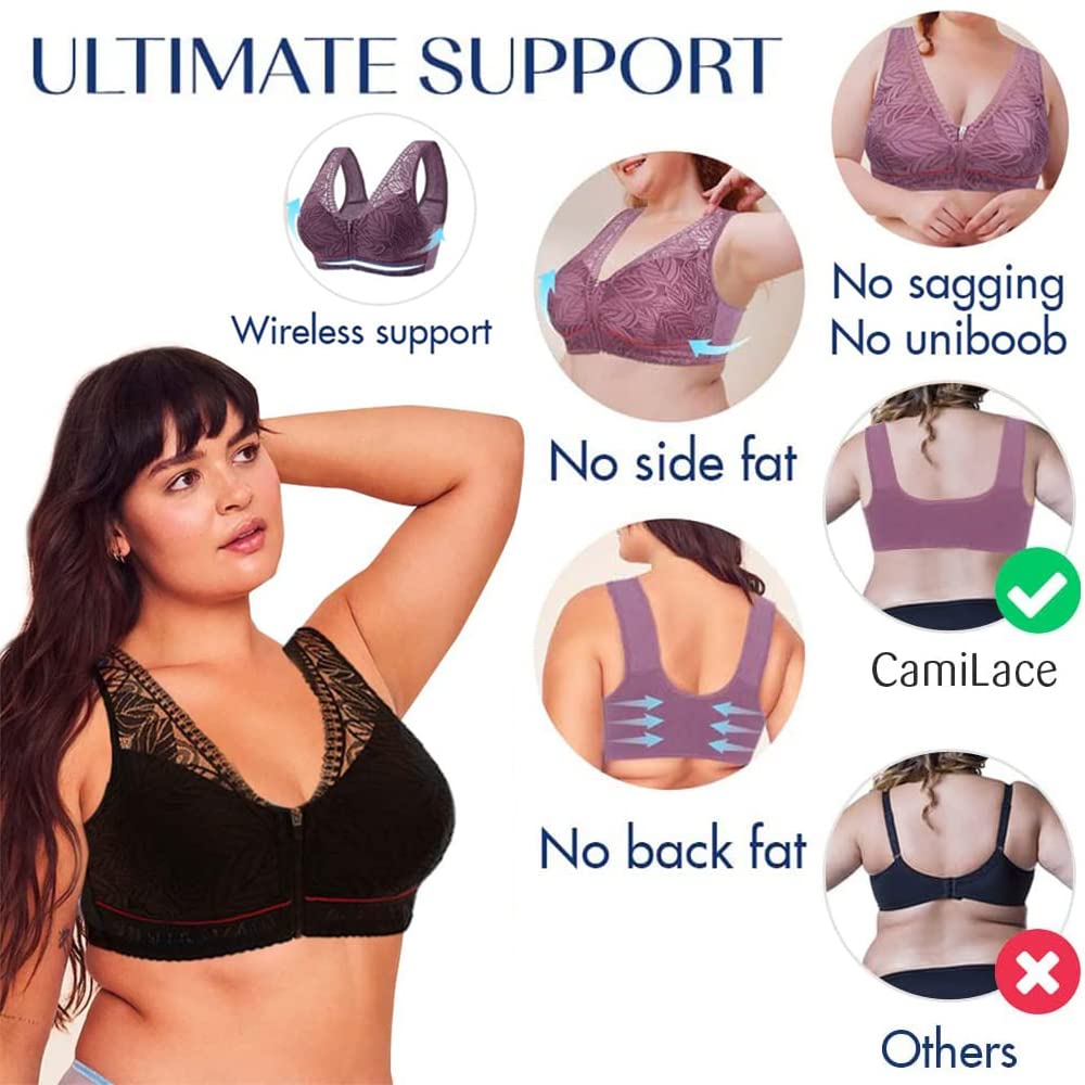 Plus size Camilace Women's Comfortable Wireless Sports Bra,Daily wear Bra Ultra Thin Breathable Soft Front Zipper Lace Bra Whole Sale Price