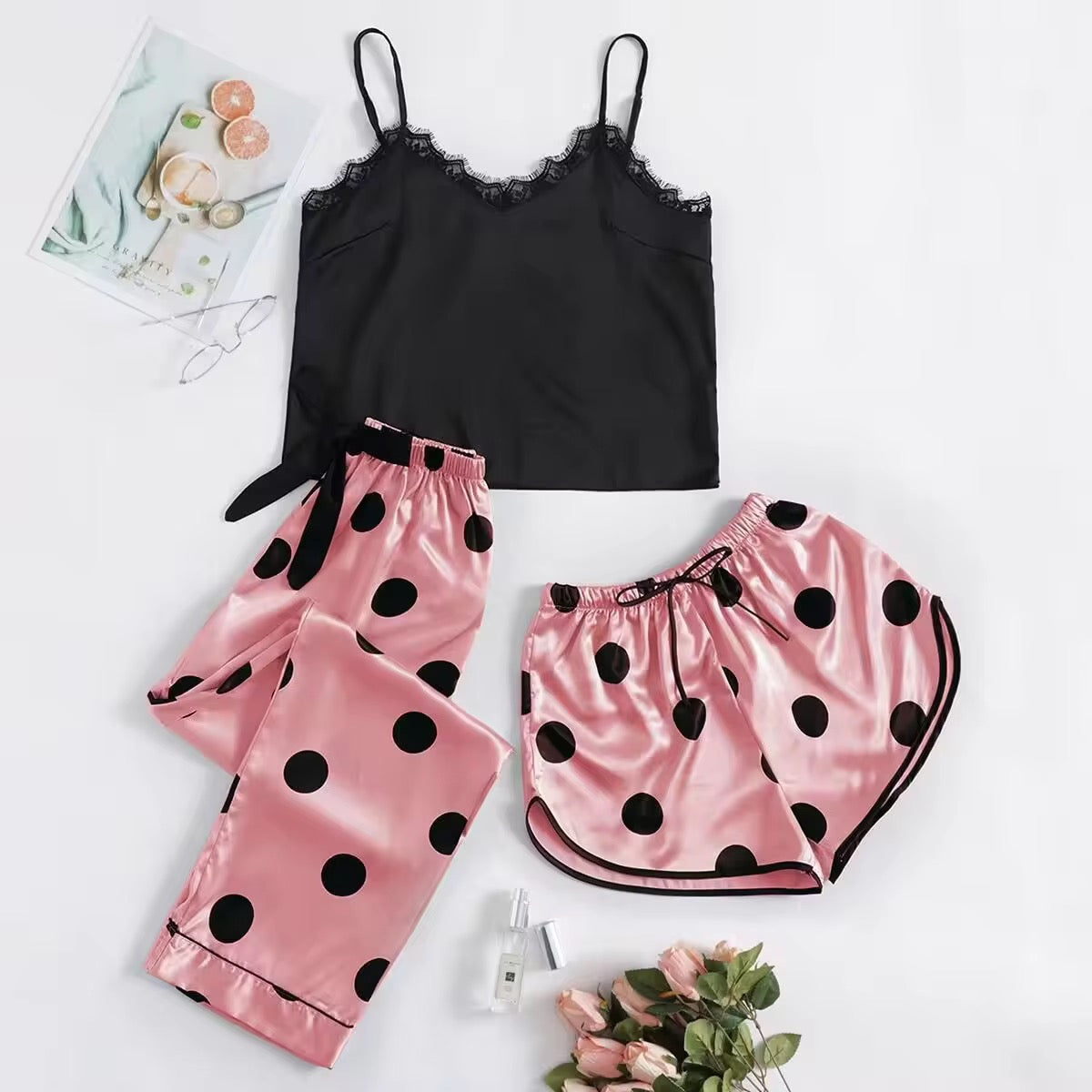 (Ramadan Sale)Polka dots Satin silk 3Pcs Nighty