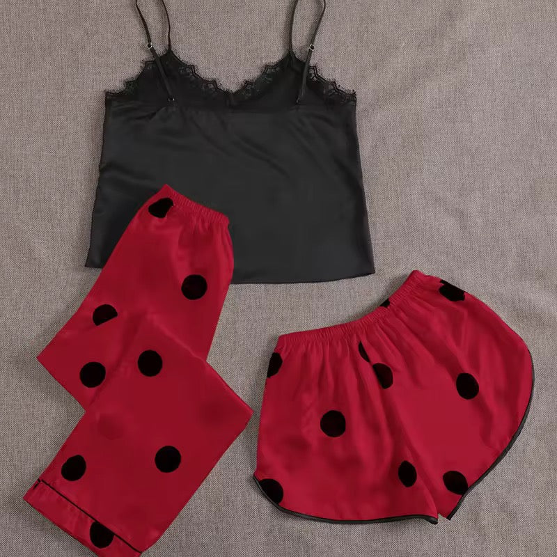 (Ramadan Sale)Polka dots Satin silk 3Pcs Nighty