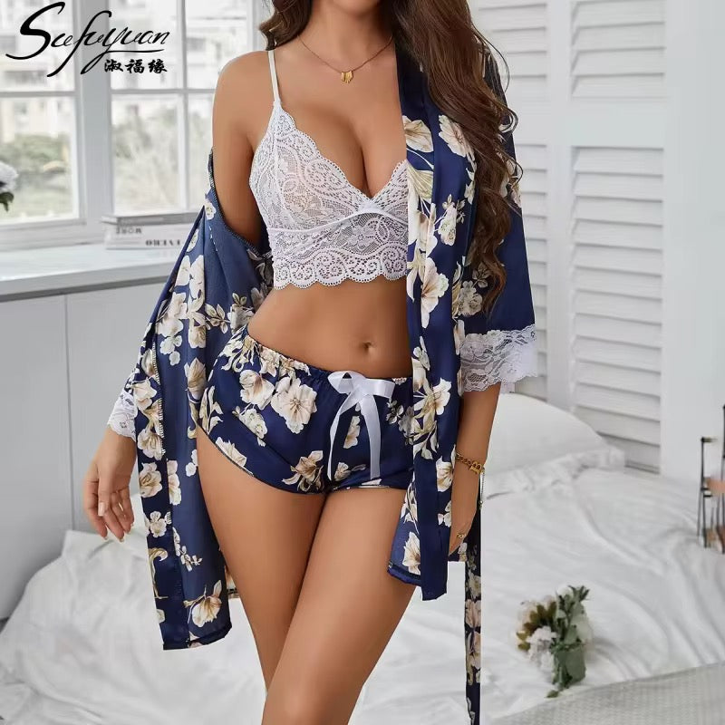 Three Piece flower print Silk Nighty