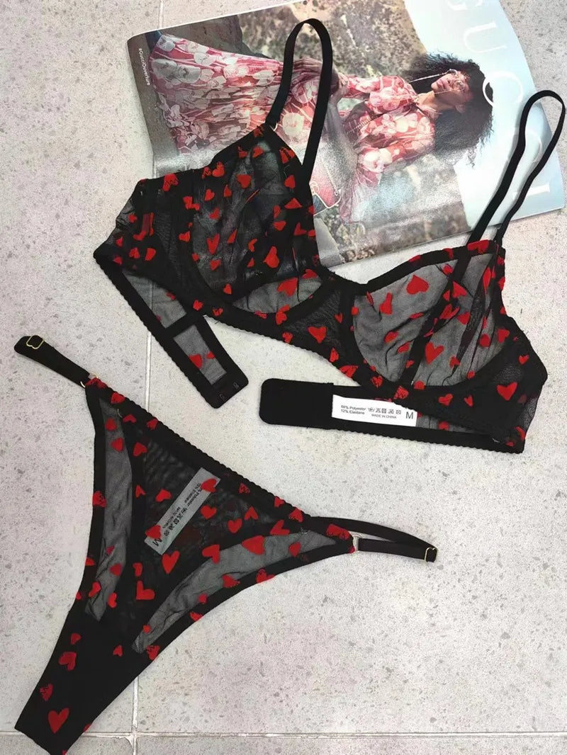 Net See Through Heart print Wire Bra set