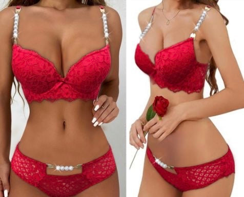 (Ramadan Sale ) Victoria Secret Pushup Mesh Bra Underwear Set with Pearl Straps