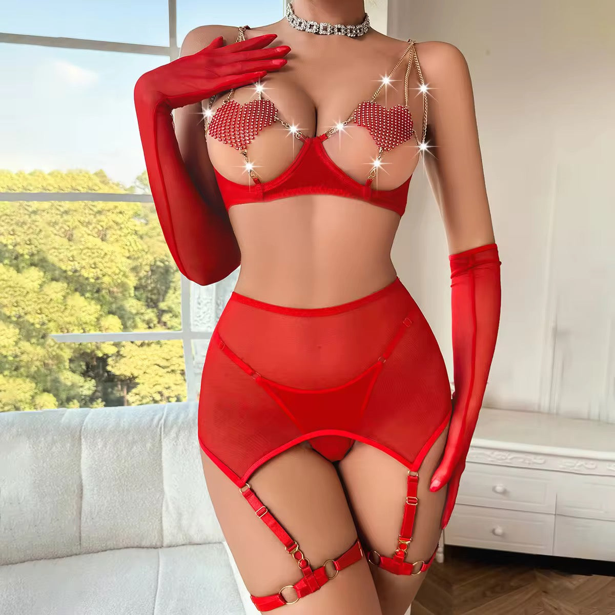 Restock Luxury Valentine New Sexy Rhinestone Chain Heart Bra Lingerie Set With Gloves Women Sheer Mesh
Transparent Lingerie