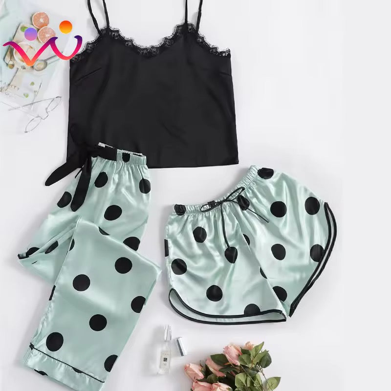 (Ramadan Sale)Polka dots Satin silk 3Pcs Nighty