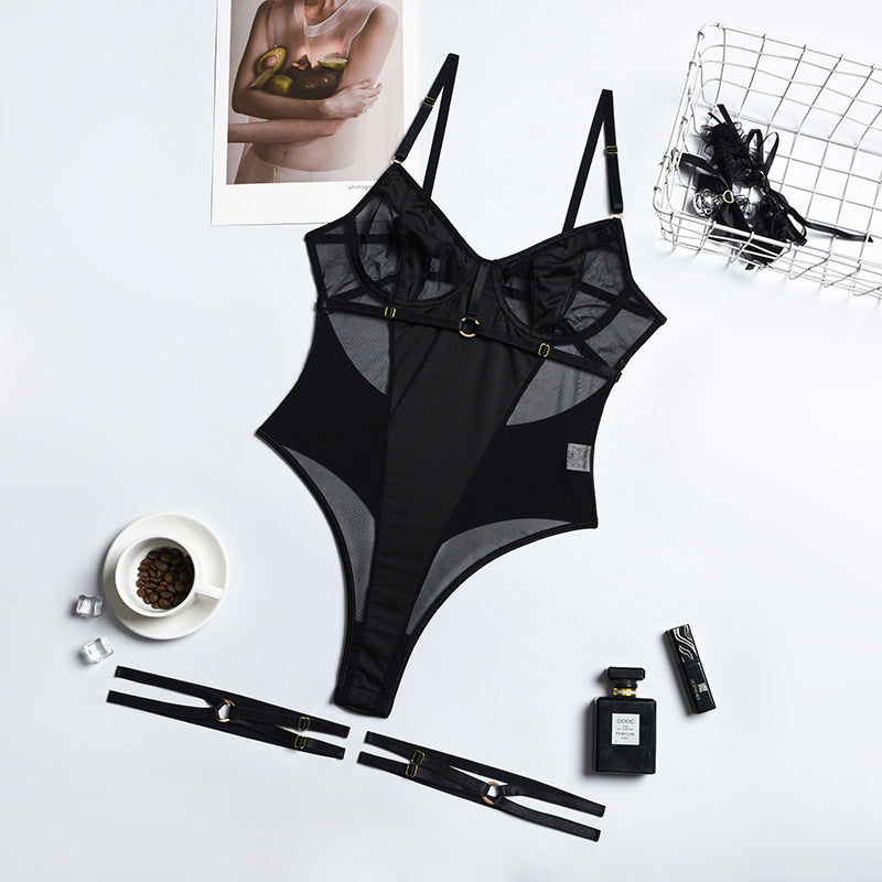Sensual Lace Bodysuit Women Transparent Sexy Lingerie See Through Black Crotchless Erotic Body