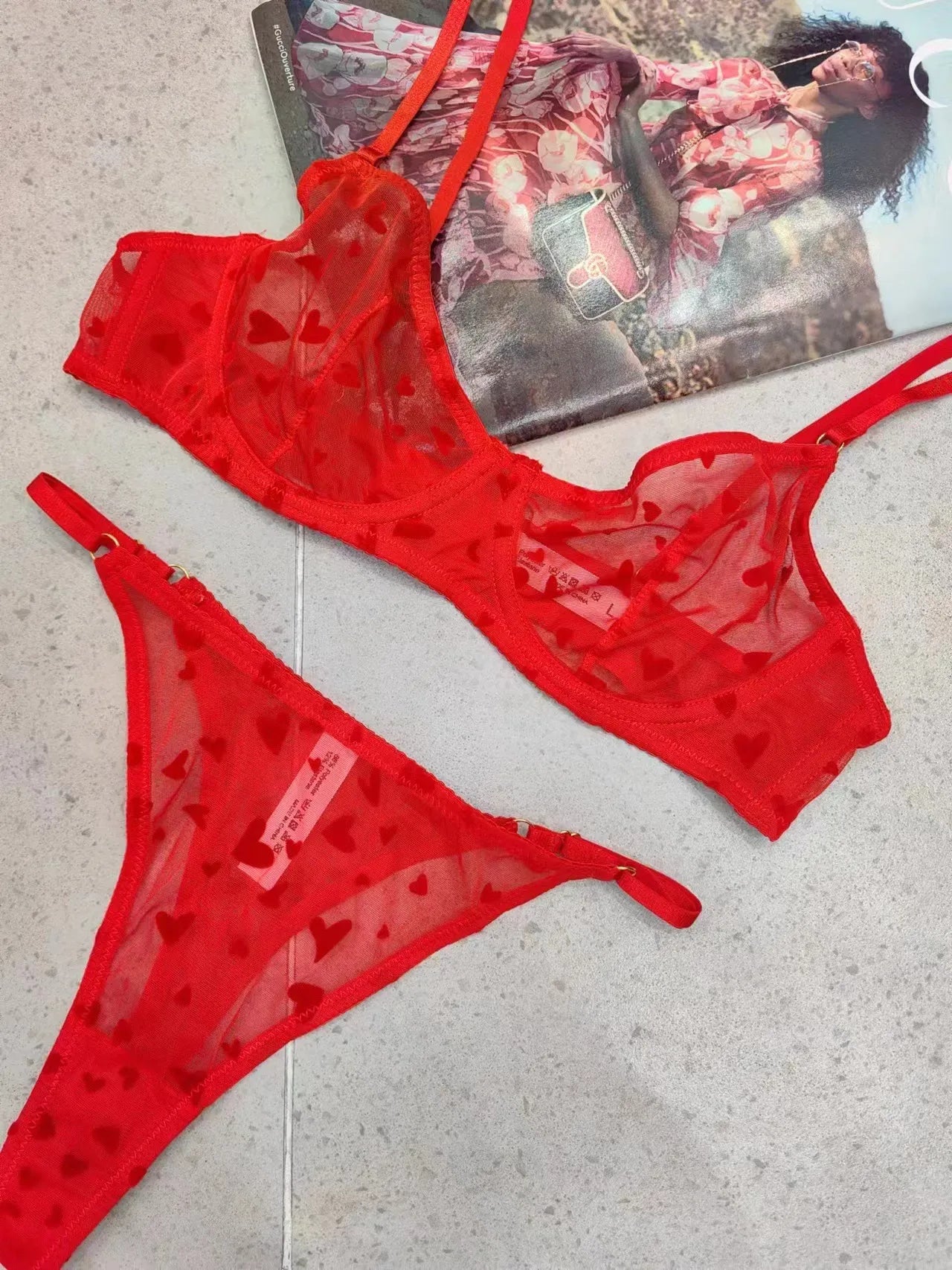 Net See Through Heart print Wire Bra set