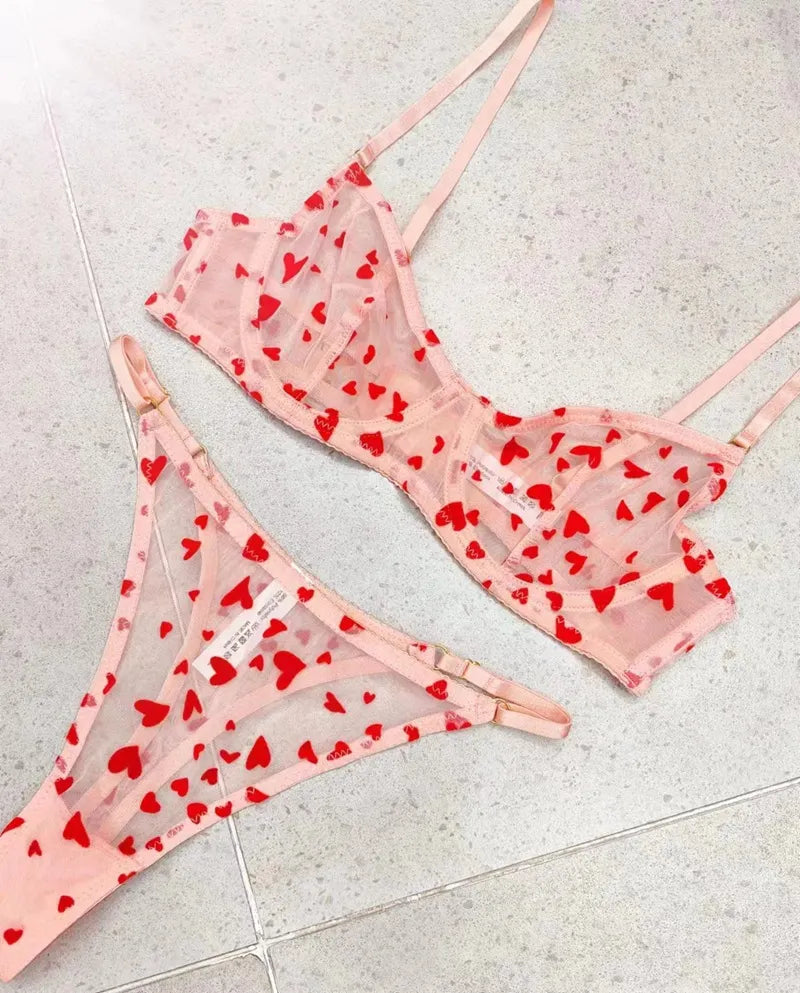 Net See Through Heart print Wire Bra set