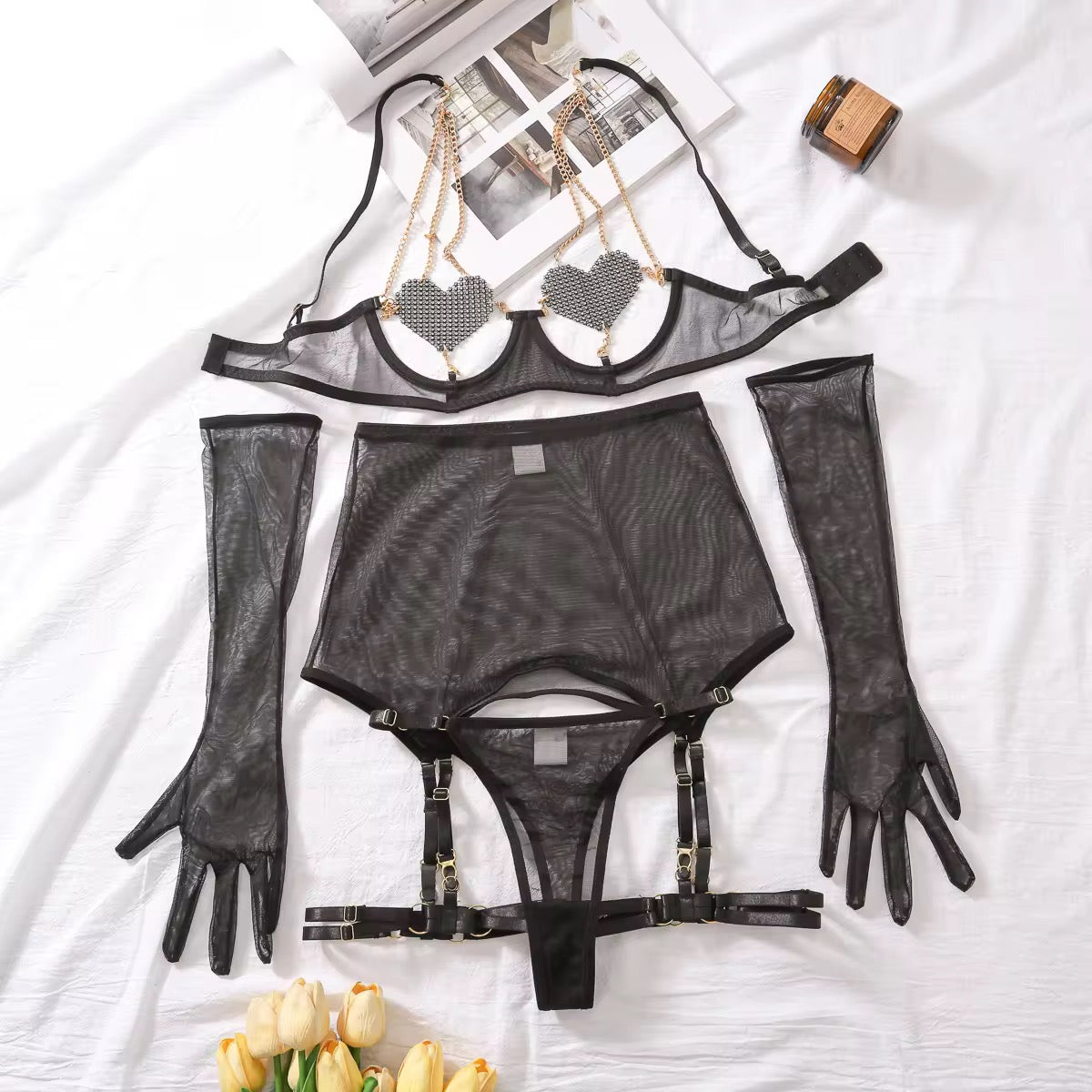 Restock Luxury Valentine New Sexy Rhinestone Chain Heart Bra Lingerie Set With Gloves Women Sheer Mesh
Transparent Lingerie