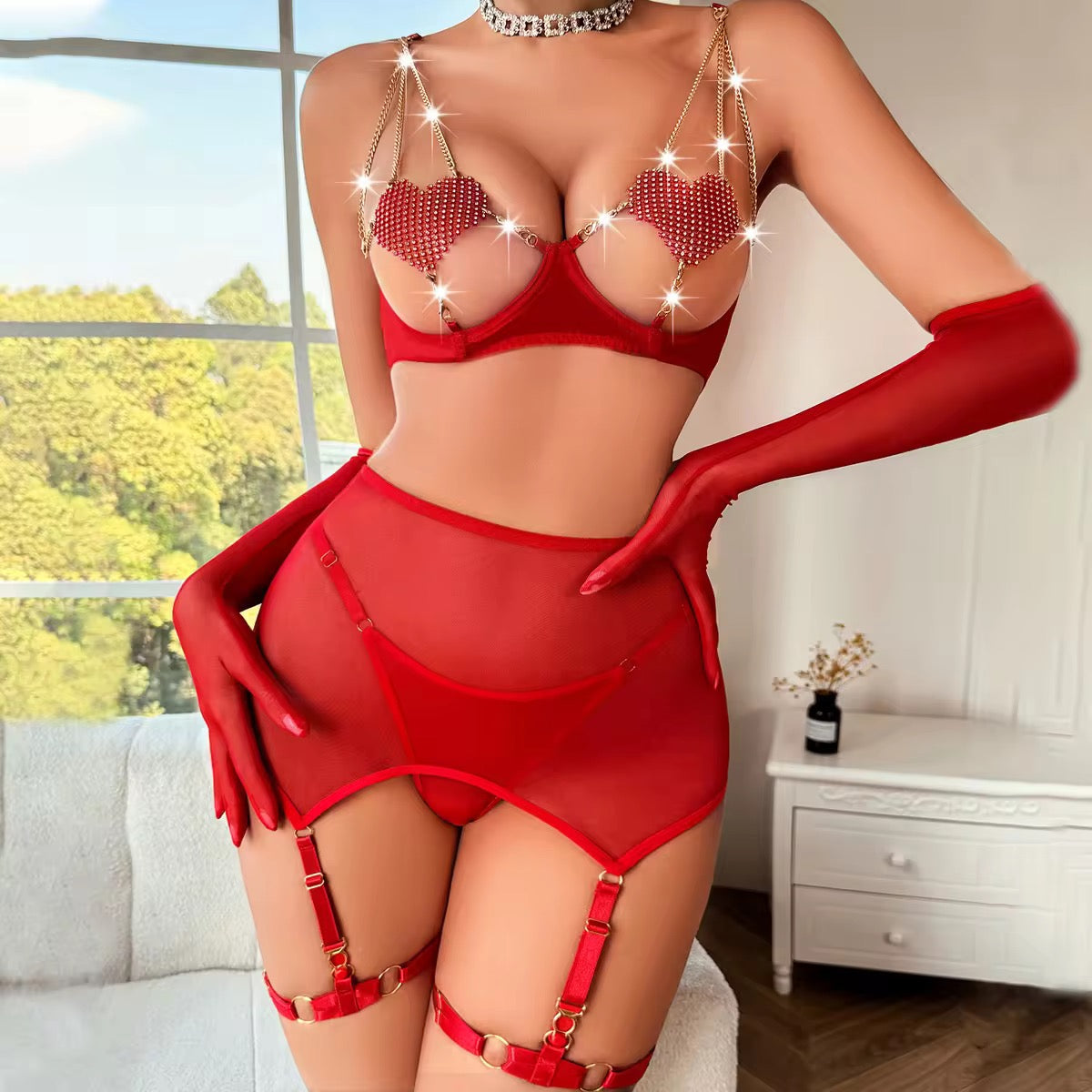 Restock Luxury Valentine New Sexy Rhinestone Chain Heart Bra Lingerie Set With Gloves Women Sheer Mesh
Transparent Lingerie