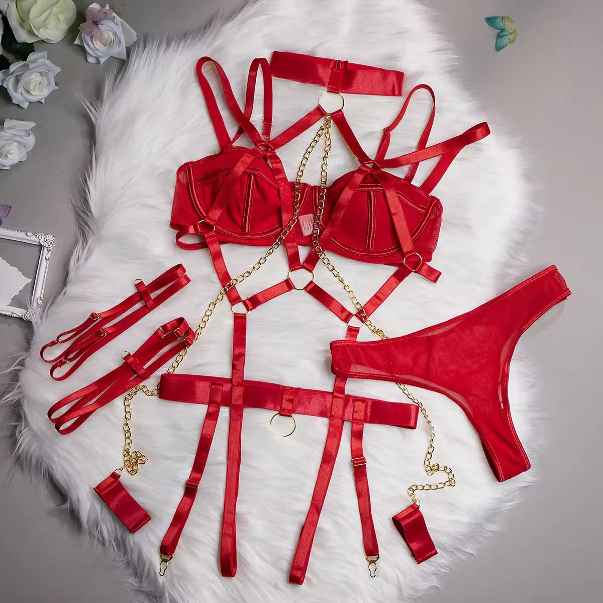 New Arrival 4PCS WOMEN SEE-THROUGH LINGERIE STRAPS STRIPED BRA AND HIGH WAIST G-STRING GARTER BELT UNDERWEAR BABYDOLL EXOTIC SETS