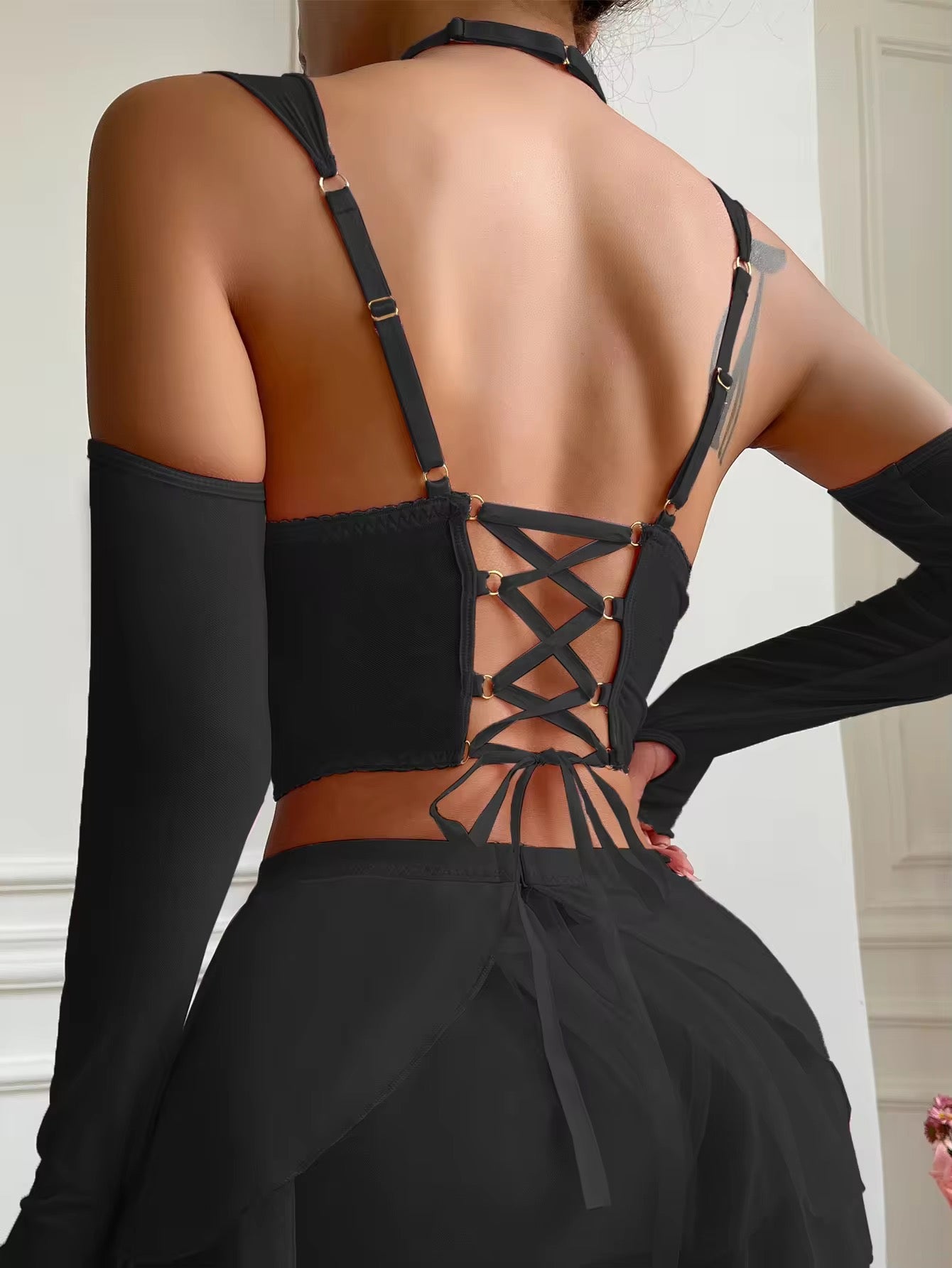 Women's 5 Piece Lingerie Set Chain Decoration Ruffle
Corset Babydoll Lingerie Skirt With Gloves