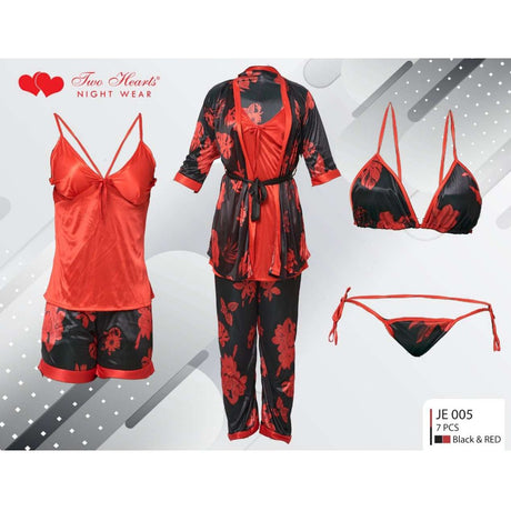 Two Hearts 7 piece Silk Nighty With Printed Design