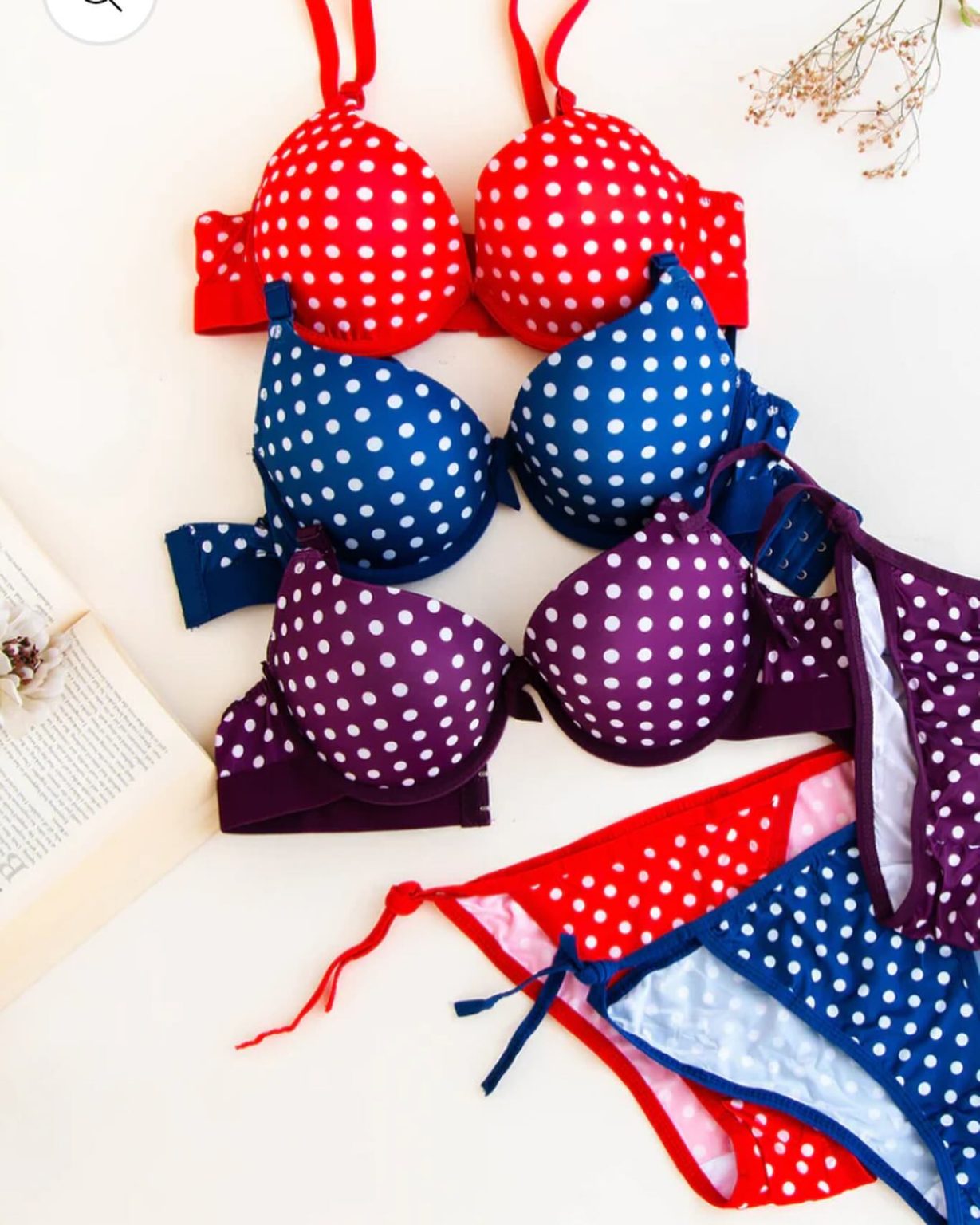 Single Padded Ring Bra Set With Polka Dots