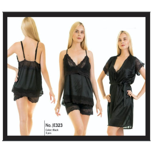 Two Hearts 3 piece Silk Short Nighty With Gown Style