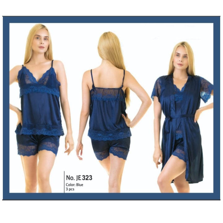 Two Hearts 3 piece Silk Short Nighty With Gown Style