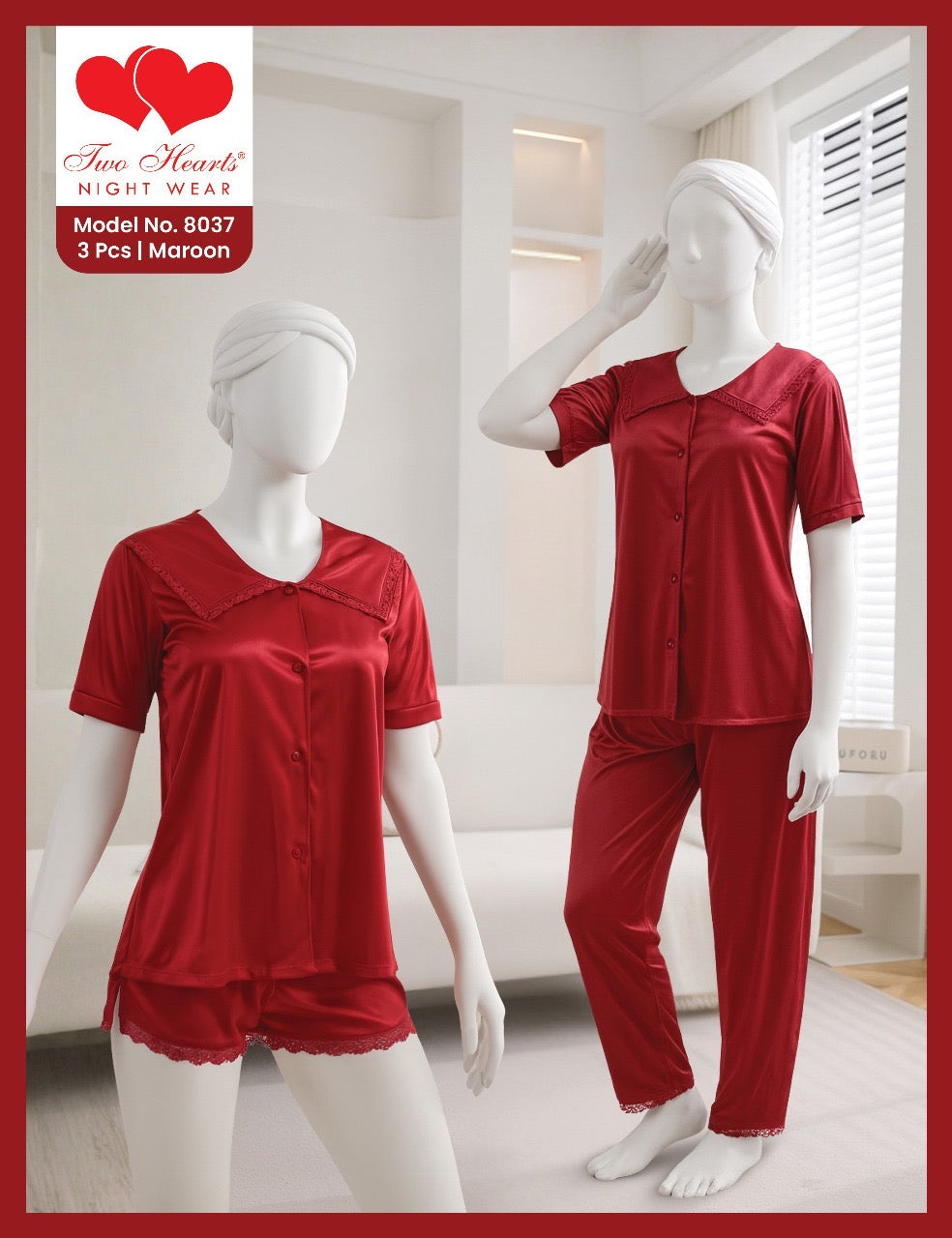 TWO Hearts 3 Piece Soft Silk Nighty