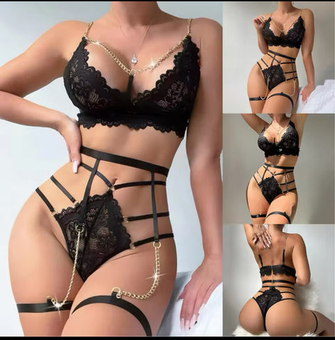 Black Mesh Lace Lingerie Set Women Underwear See Through Babydoll Sleepwear Chain Bra +Garter Panty Set