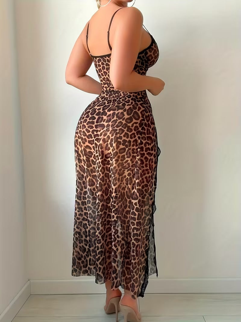 Leopard print lace Nightgown with thong panties set