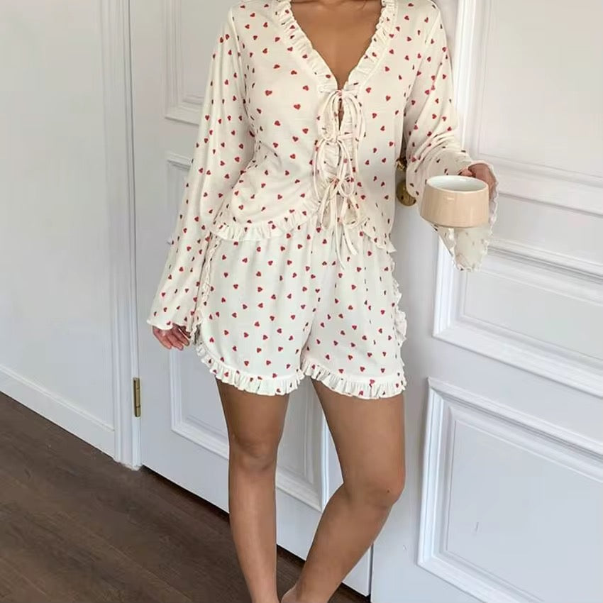 Ruffle Long Sleeved Shirt Shorts Ribbed Pajama Set Knit V Neck Pj 2 Pieces Heart Print Loungewear Woman