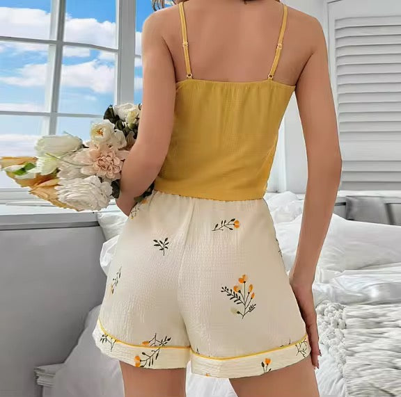 Women's 2 Piece Silk Pajama Sets Tie Backless Halter Crop Top and Ruffle Hem Shorts Sleepwear