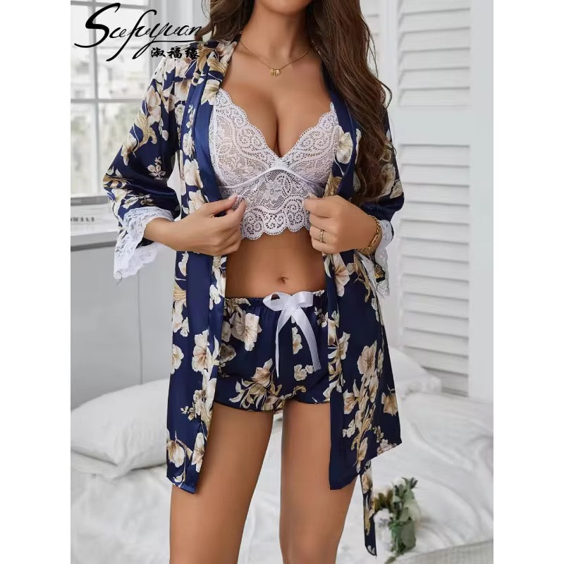 Three Piece flower print Silk Nighty