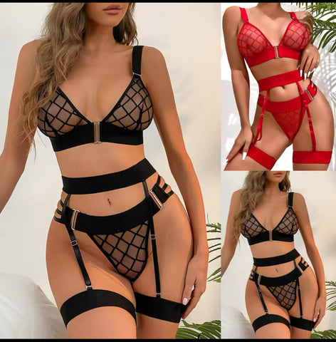 Sexy Lingerie Grid Mesh Deep-v Neck Backless Bra+G-string+Garters 3 piece Bra Set Panties Erotic Lingerie Sexy Fun