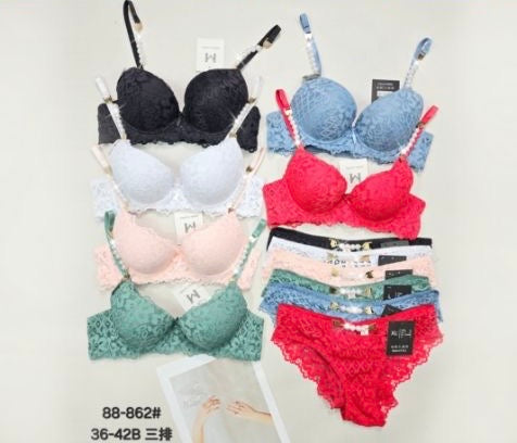 Victoria Secret Pushup Mesh Bra Underwear Set with Pearl Straps