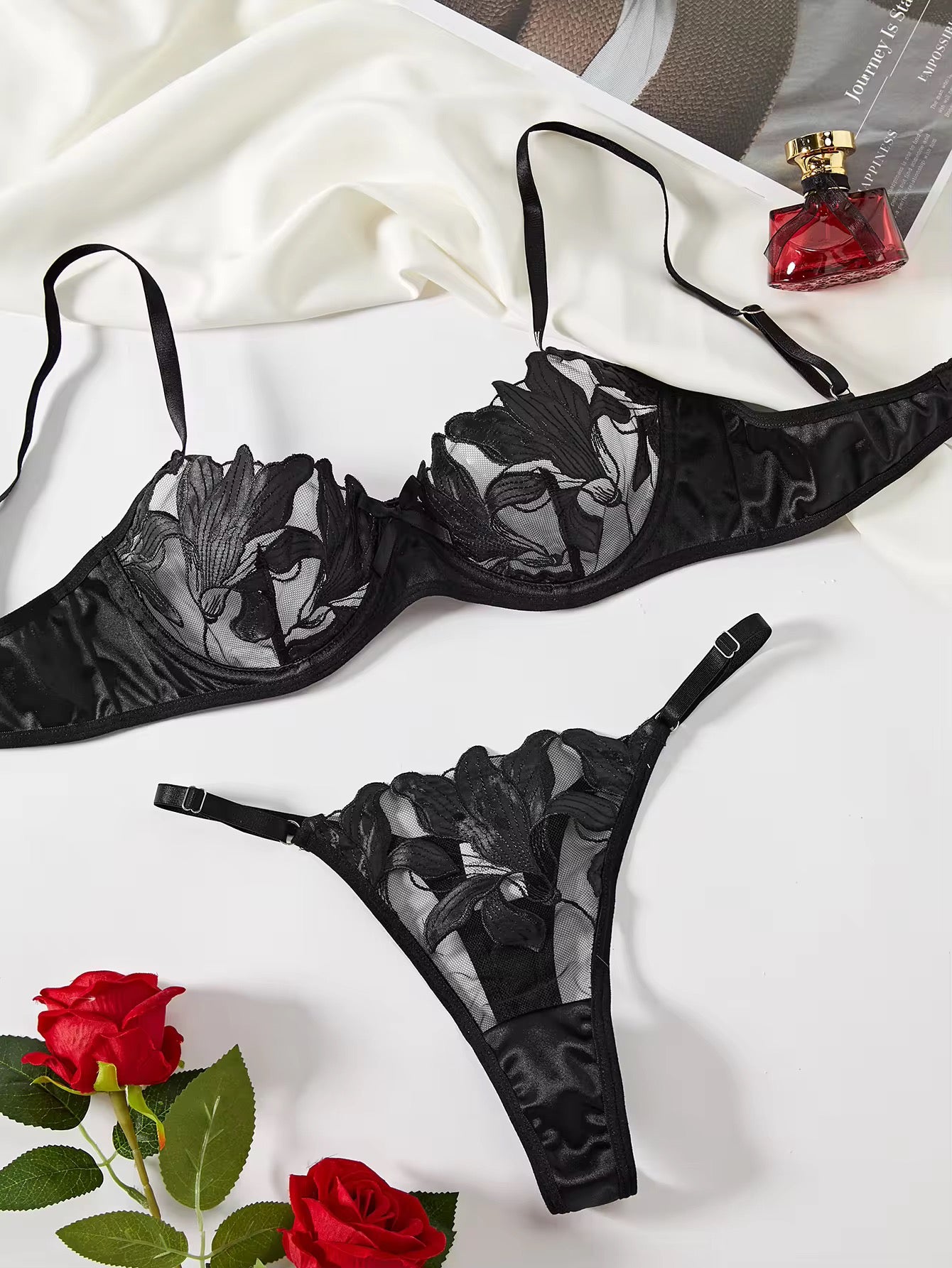 Floral Mesh Leaf embroidery Wire Bra Set Nonpadded