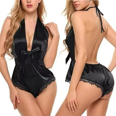 Women's Sexy Lace Satin Lingerie Smooth Silk-Like Nightwear Sleepwear Set Nighties for Women Deep V-Neck Lace Open Bodysuit Julie