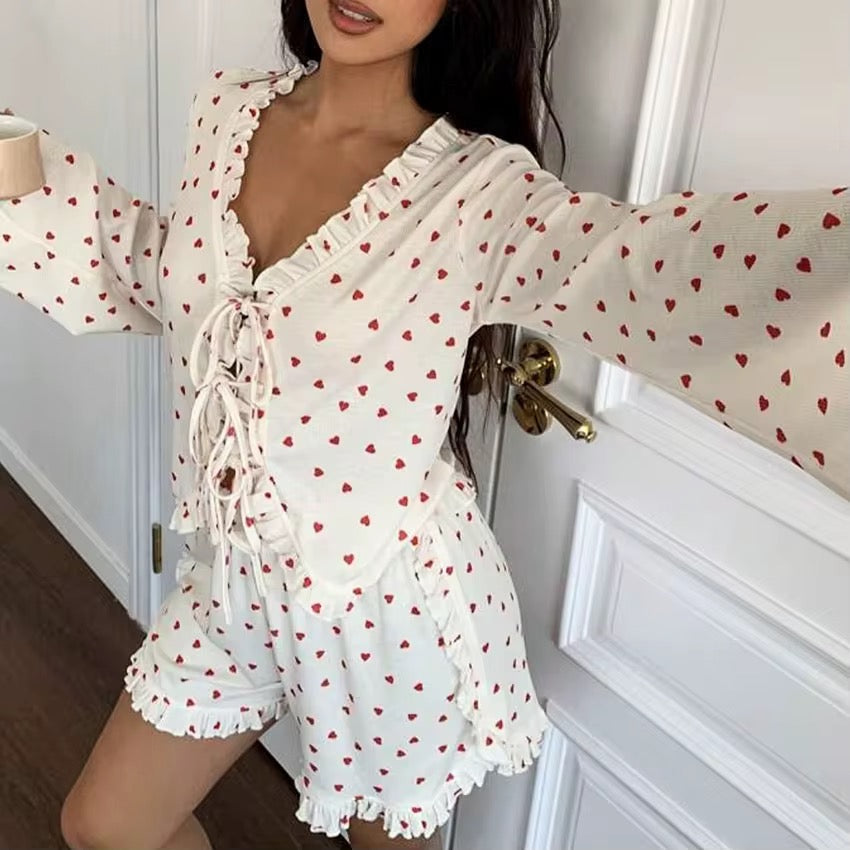 Ruffle Long Sleeved Shirt Shorts Ribbed Pajama Set Knit V Neck Pj 2 Pieces Heart Print Loungewear Woman