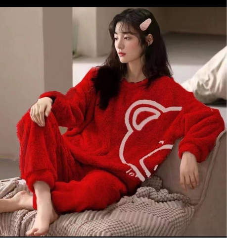 New Year Sale50/50RED BEAR WINTER FLEECE COORD SET NIGHT DREES