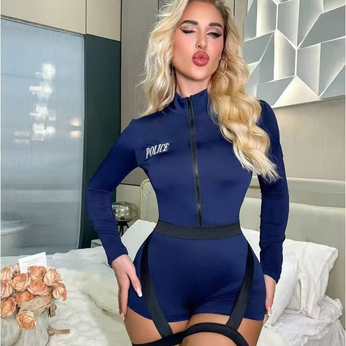 Police Cosplay Lingerie For Women Sexy Costume Bodysuit Cosplay Party Uniform Zipper Long Sleeve with Garter Belt