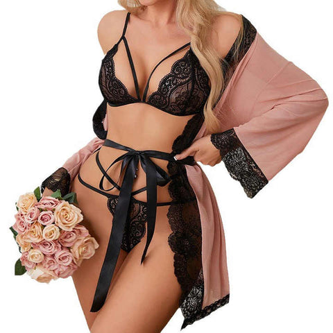 Women lace embroidered three-piece bra and panties&gown bikini two-piece sheer mesh ice silk  sexy lingerie set