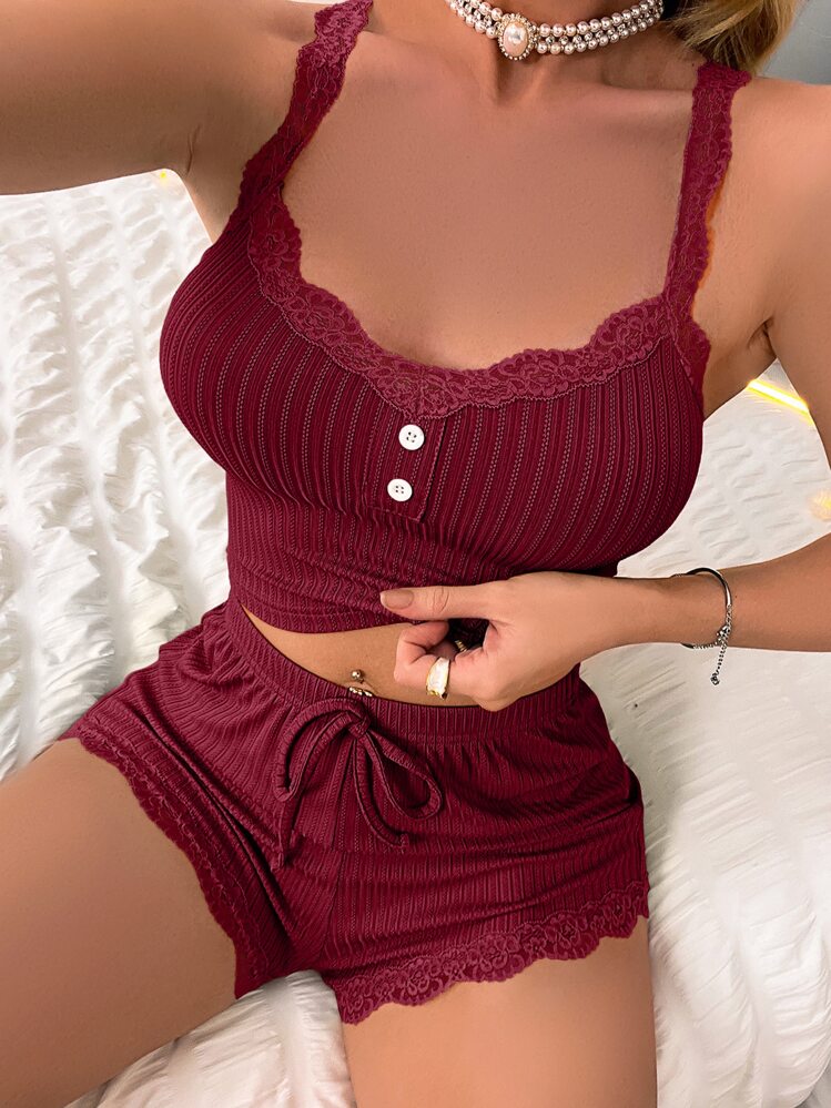 Contrast lace button Front crop cami top& Shorts Pj Set