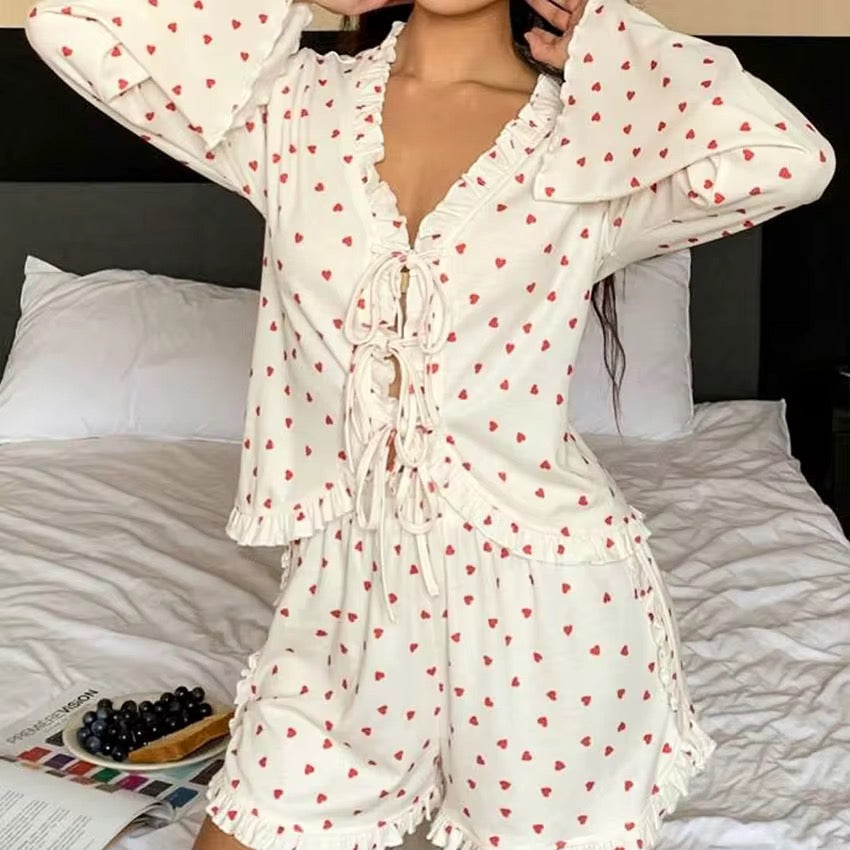 Ruffle Long Sleeved Shirt Shorts Ribbed Pajama Set Knit V Neck Pj 2 Pieces Heart Print Loungewear Woman