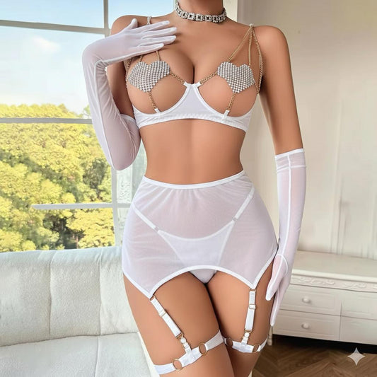 Restock Luxury Valentine New Sexy Rhinestone Chain Heart Bra Lingerie Set With Gloves Women Sheer Mesh
Transparent Lingerie