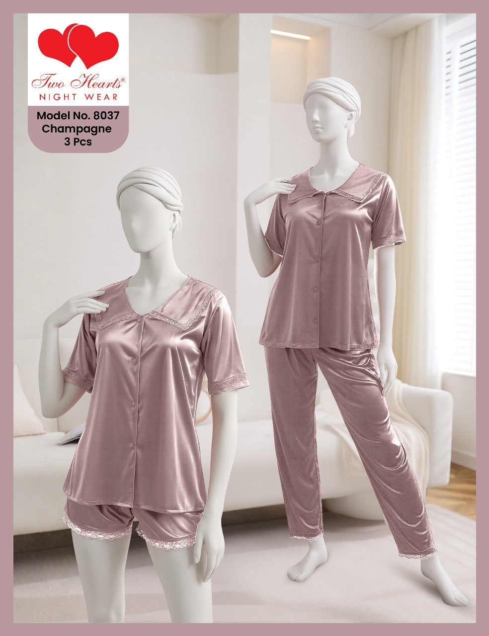 TWO Hearts 3 Piece Soft Silk Nighty