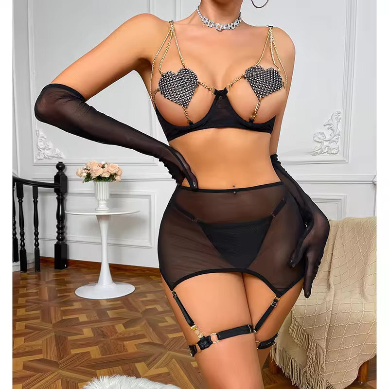 Restock Luxury Valentine New Sexy Rhinestone Chain Heart Bra Lingerie Set With Gloves Women Sheer Mesh
Transparent Lingerie