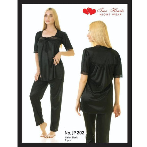 Two Hearts 2 Piece Silk Pajama Shirt With Front Net Lace