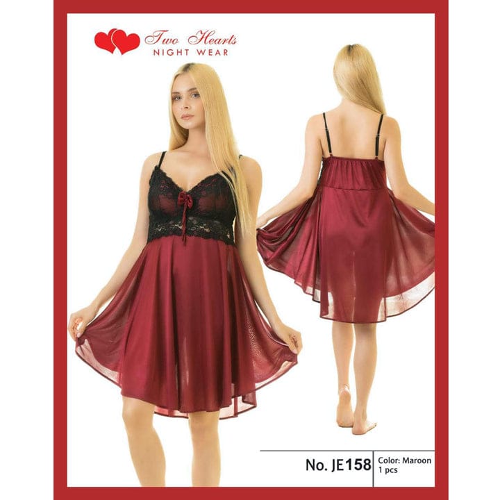 Two Hearts 1 Piece Short Silk Nighty With Embroidery Lace