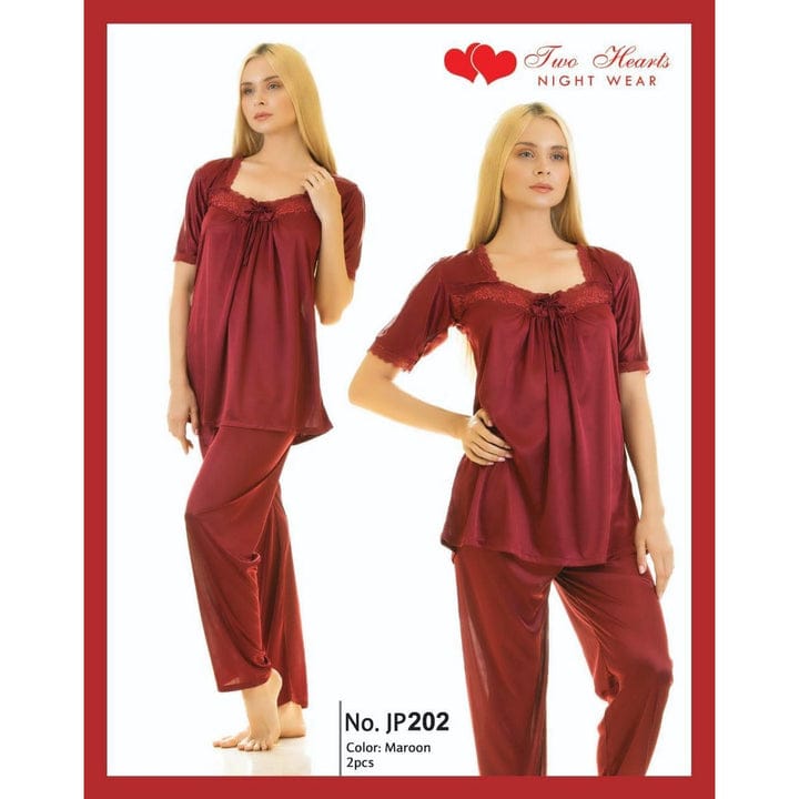 Two Hearts 2 Piece Silk Pajama Shirt With Front Net Lace